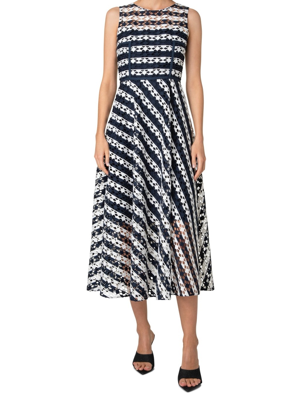 New Akris Punto Stripe Dot Guipure Lace A-Line Midi Dress-Size 12-Navy and White